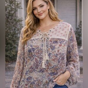 Jeans by Buffalo - corset tied front airy, boho top, sheer, floral earthy tones